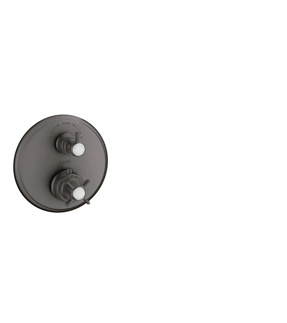 Thermostat mit zwei Steuergriffen von AXOR in Brushed Black Chrome, montiert auf einer runden Platte mit Markierungen für Temperatur und Wasserfluss.